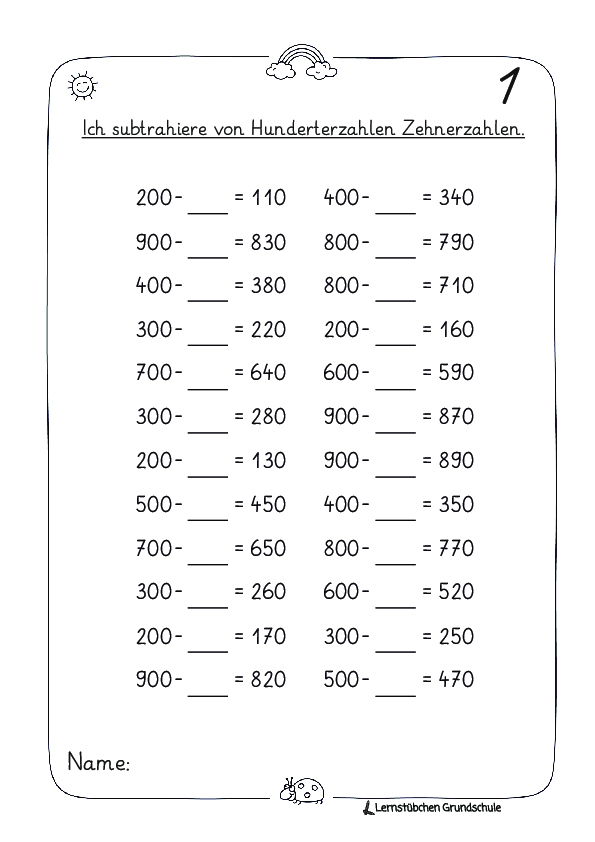 Kopfrechnen im ZR 1.000 mit H-Zahlen und Z-Zahlen - Minus
